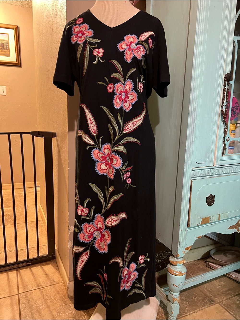 Johnny Was Libbi Trapunto Embroidered Midi T-Shirt Cotton Dress Black Sz Medium - Picture 3 of 11